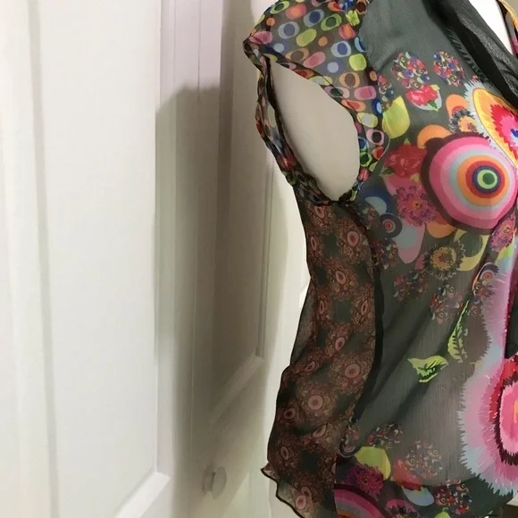 Desigual Sheer Floral Tie V-Neck Blouse S Y2K Cap Sleeve Art Print - Picture 8 of 17